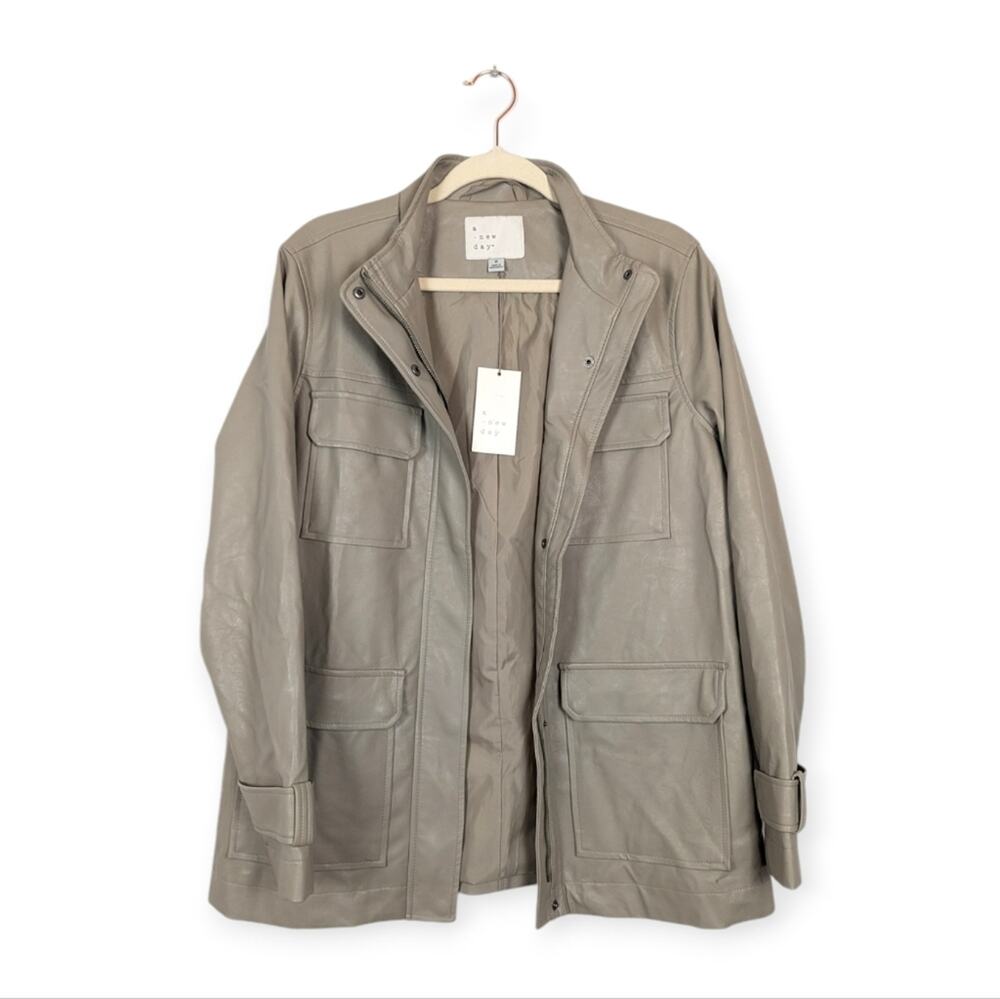 A New Day Anorak Jacket M Tan Belted Faux Leather Utility NWT